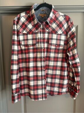 Jachs Girlfriend Men’s XL Plaid Pearl Snap Flannel Shirt Red White Blue Western